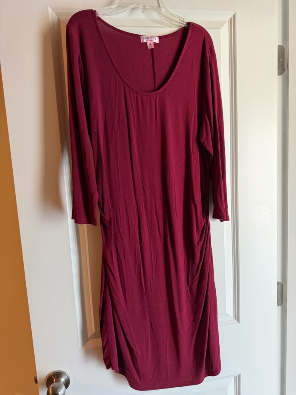 feathers Scoop Neck Long Sleeve Midi Dress in Deep Berry
